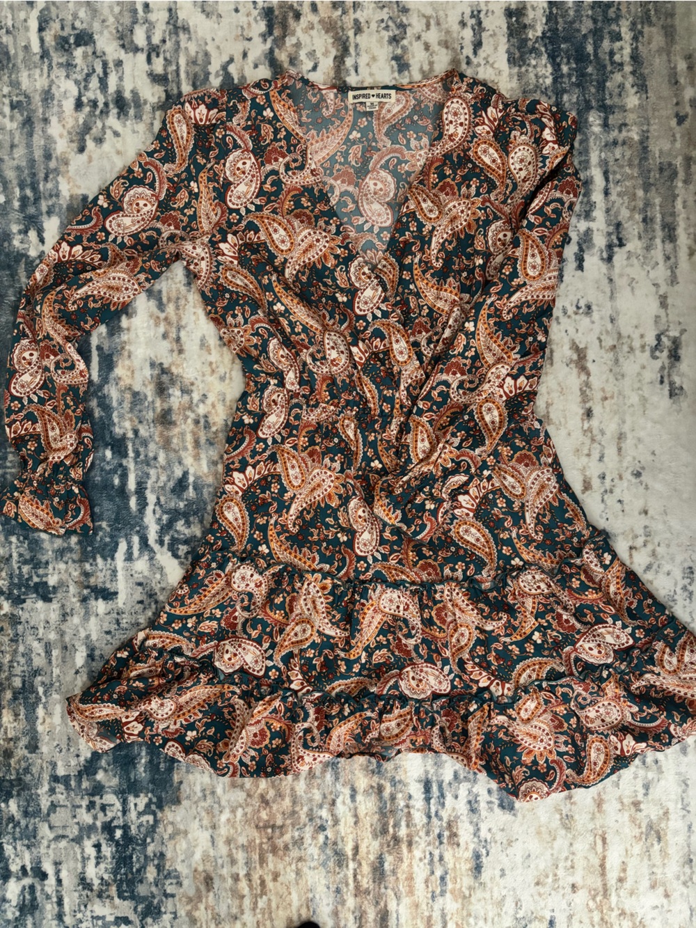 Inspired Hearts Paisley Dress in Dark Green and Rust Orange - Long Sleeve